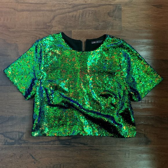 Blue & Green Sequined Crop Top - Picture 1 of 5